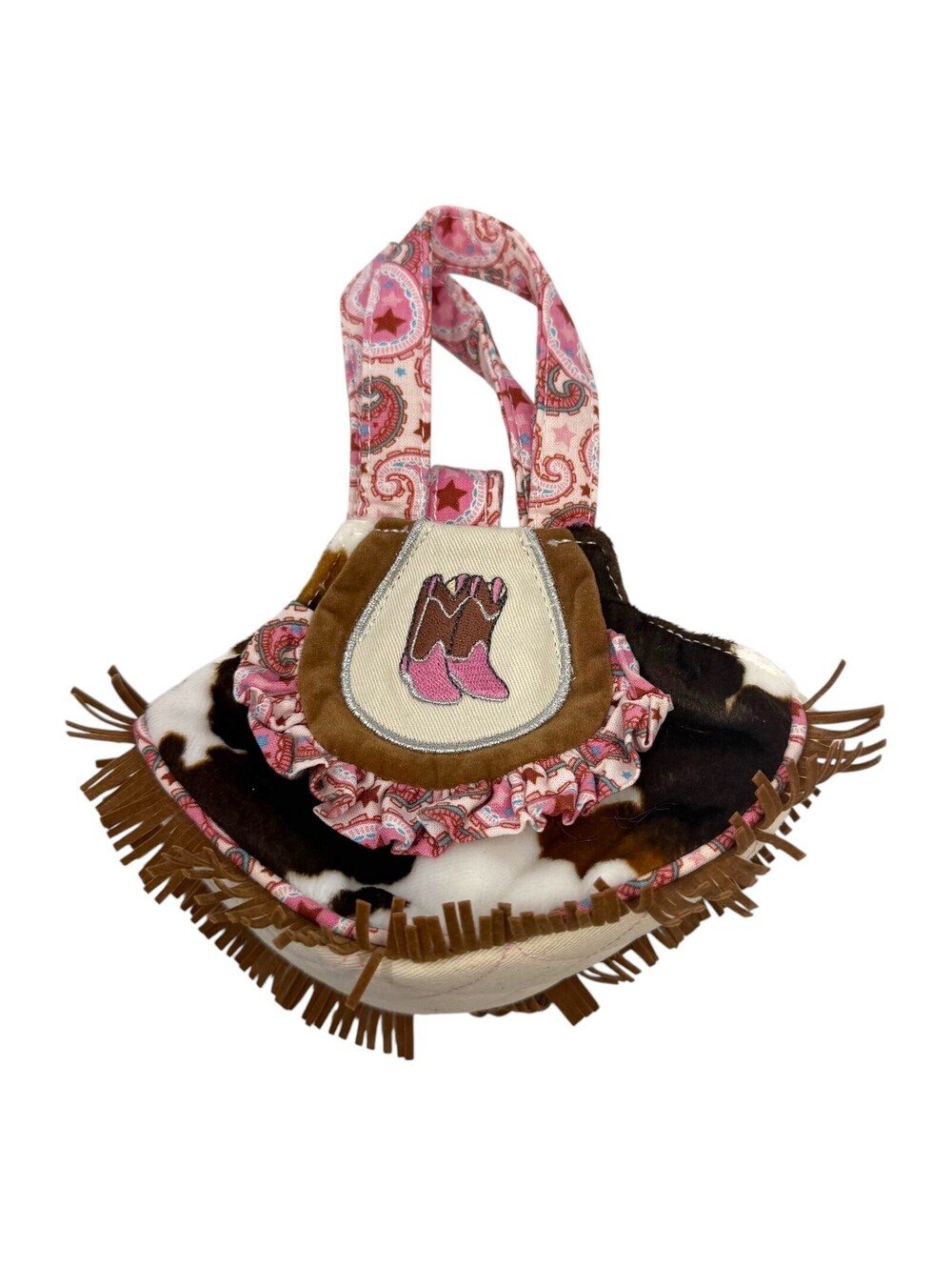Douglas Sassy Pet Saks Cow Print Fringe Pink Cowboy Boot Plush Carrier Bag
